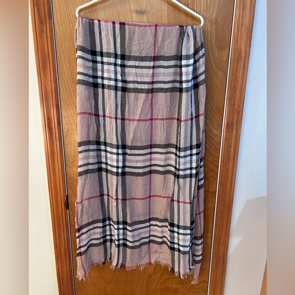 V. Fraas Plaid Cream White Black Red Fringe Scarf Wrap Shawl